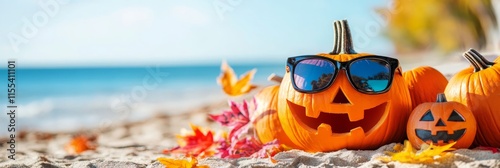 Beach Halloween Pumpkins - Festive pumpkins, sunglasses, autumn leaves, sandy beach, ocean view; symbolizing autumn, Halloween, fun, relaxation, and beach vacation. photo