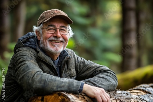 An elderly man with glasses and a cap, smiling warmly while leaning on a log in a lush forest environment, creating a sense of calmness and contentment. photo