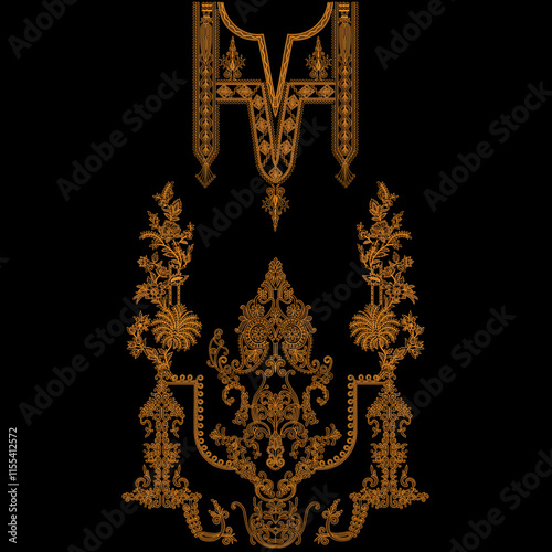 A over asian embroidery neckline and border lace design with floral motifs leafs leaves trendy mughal ornaments. photo