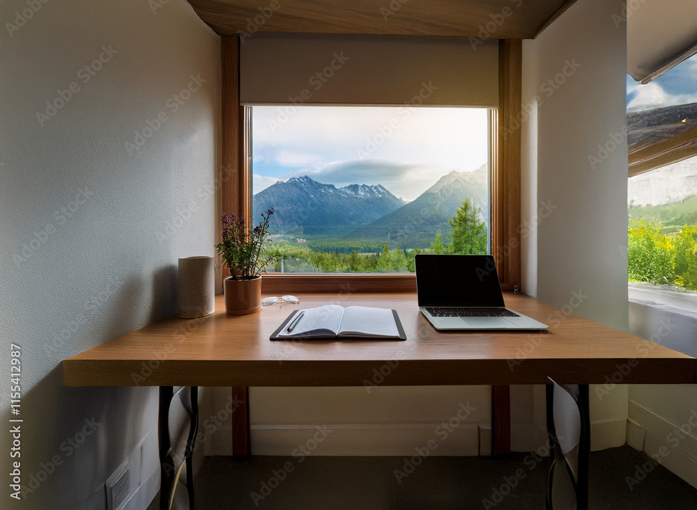 Fototapeta premium Serene home office space with a stunning mountain view. Ideal for remote work, offering tranquility and inspiration.