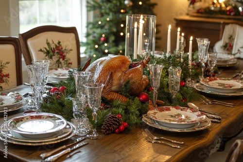 A festive dining table detailed with a turkey centerpiece amid elegant decor, candles, and pine accents, under the warm glow of Christmas lights. photo