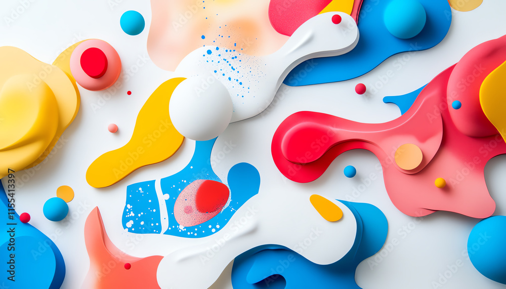 Abstract colorful 3D shapes and splashes in vibrant harmony on a white background. Abstract colorful 3D shapes and splashes in vibrant harmony on a white background.