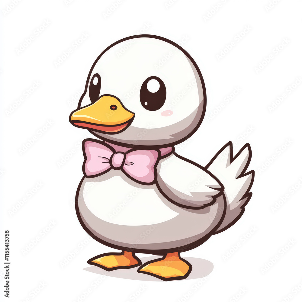 Cute cartoon duck with a pink bow tie, cheerful expression, and round body, perfect for children's illustrations, greeting cards, and playful designs Cute cartoon duck with a pink bow tie, cheerful expression, and round body, perfect for children's illustrations, greeting cards, and playful designs
