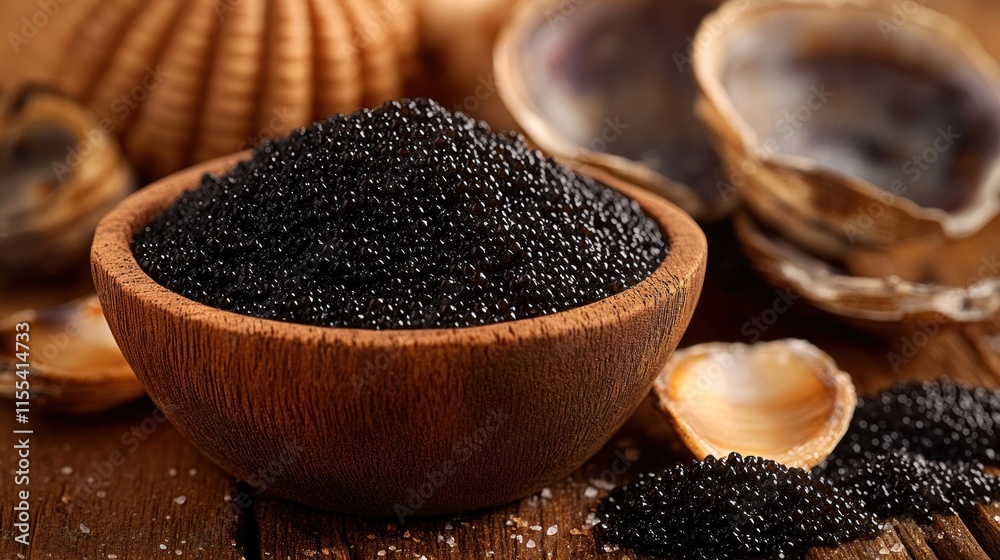 Wooden bowl filled with black caviar, surrounded by seashells and oyster shells.