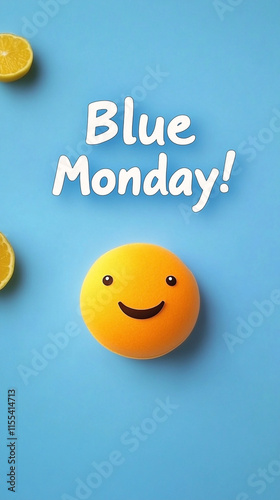 Happy Smiley Face and Blue Monday Message on Blue Backdrop