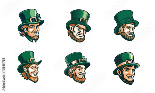 set of vector leprechaun faces with different emotions for St. Patrick's Day.