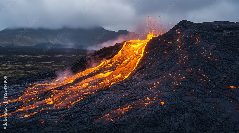 Fototapeta premium Magnificent Volcanic Eruption with Vibrant Lava Flow Amidst Dramatic Terrain : Generative AI