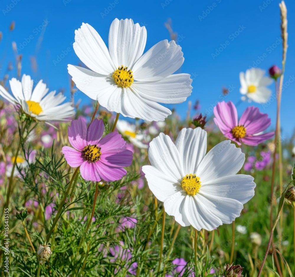 Colorful Blossoms of Cosmos Flowers in a Vibrant Meadow Under Clear Blue Sky, Showcasing Natural Beauty and Serenity of Springtime Nature Colorful Blossoms of Cosmos Flowers in a Vibrant Meadow Under Clear Blue Sky, Showcasing Natural Beauty and Serenity of Springtime Nature