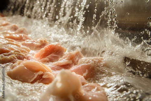 Raw chicken pieces being washed under a gentle stream of water, highlighting cleanliness, preparation, and hygiene practices in food processing industries.