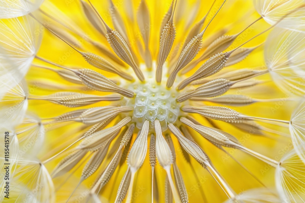 Close up of dandelion seedhead revealing delicate textures and vibrant yellow background Close up of dandelion seedhead revealing delicate textures and vibrant yellow background