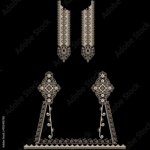 A over asian embroidery neckline and border lace design with floral motifs leafs leaves trendy mughal ornaments. photo