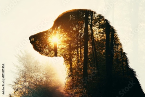 An abstract dog outline reveals a forest path bathed in sunlight. The image portrays a journey and exploration theme, blending domestic life with wilderness art. photo