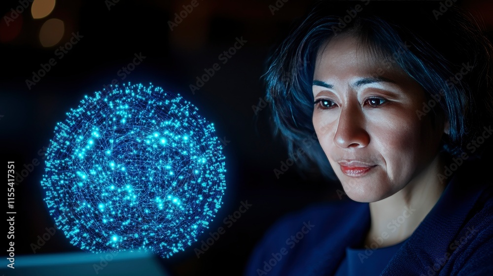 Woman Concentrating on a Glowing Digital Globe, Representing Global Connectivity and Innovation Woman Concentrating on a Glowing Digital Globe, Representing Global Connectivity and Innovation