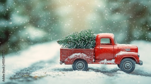 Vintage red truck delivering christmas tree in snowy landscape festive holiday scene winter wonderland photography