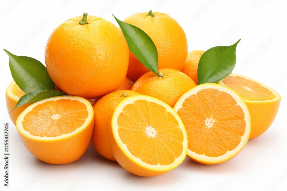 Fresh, Juicy Oranges. A Pile of Whole and Sliced Oranges with Green Leaves, Isolated on White. Fresh, Juicy Oranges. A Pile of Whole and Sliced Oranges with Green Leaves, Isolated on White.