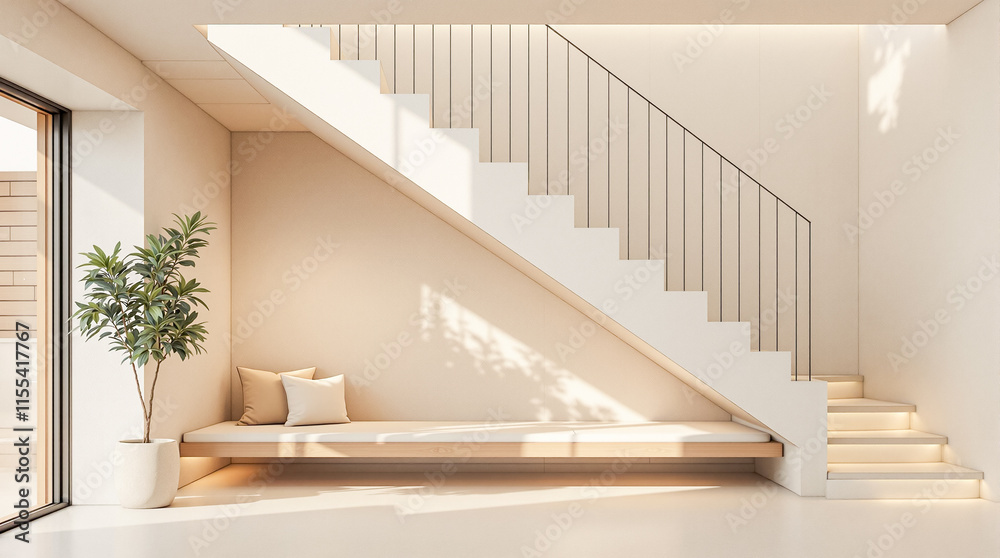 Fototapeta premium Stylish Interior with Modern Staircase and Cozy Seating Area