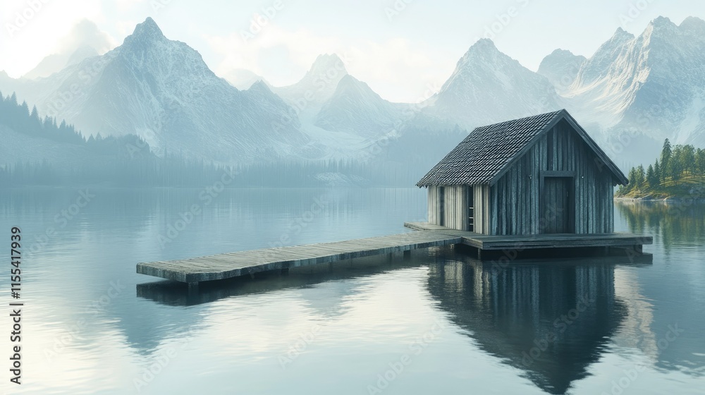 Fototapeta premium A peaceful lakeside boathouse with a wooden dock, surrounded by serene waters mirroring distant mountain peaks