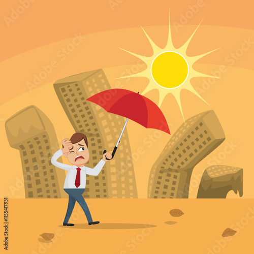 A man standing in hot weather, Summer day. Flat, Vector, Illustration, Cartoon, EPS10.
