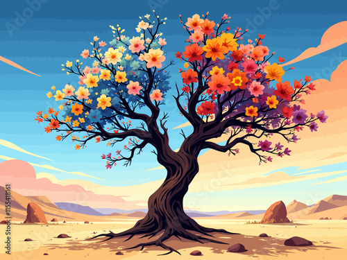  illustration a split tree in a barren desert, one half dry and lifeless, the other half lush and blooming with colorful flowers, symbolic art, ultra-detailed, vibrant colors