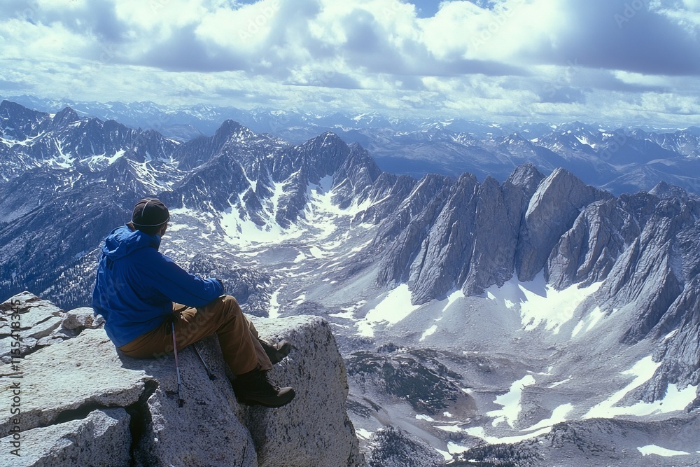 An individual clad in blue perches on a rock ledge high above a sprawling, snow-dusted mountain valley, contemplating the wide expanse of infinite horizons. An individual clad in blue perches on a rock ledge high above a sprawling, snow-dusted mountain valley, contemplating the wide expanse of infinite horizons.