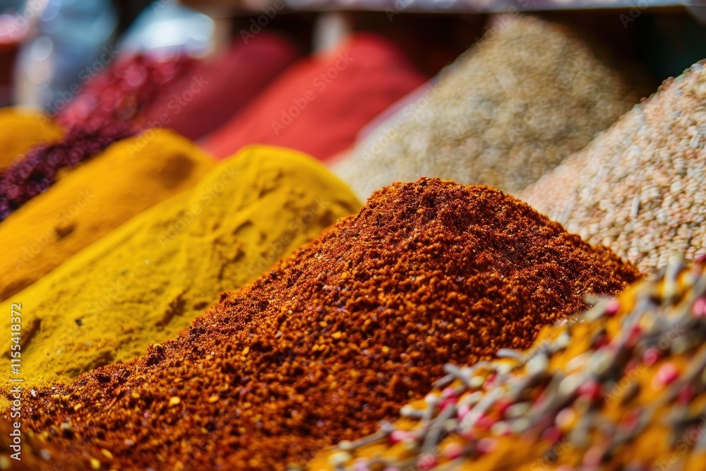 Vibrant spices displayed in colorful piles at a local market in the heart of a bustling town during a sunny afternoon Vibrant spices displayed in colorful piles at a local market in the heart of a bustling town during a sunny afternoon