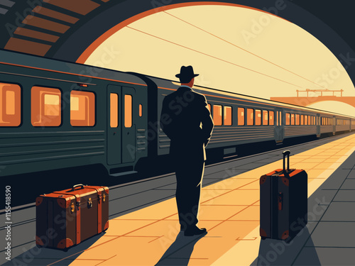  illustration guy standing on a train platform watching the train leave. His hands are on his hips, and his luggage is on the ground on either side of him