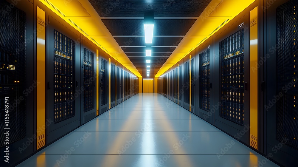 Modern data center interior, server room with black and yellow racks ...