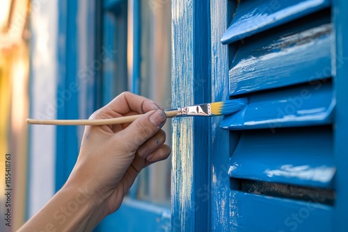 A female hand with perfect precision paints a wooden shutter vibrant blue, symbolizing artistic flair and calmness, using a fine brush for thorough application. photo