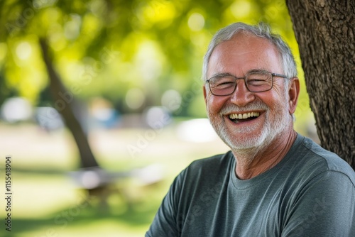 Beneath the shade of a tree, a joyful older man laughs heartily, his expressive face framed by a casual green shirt and glasses on a sunny day.
