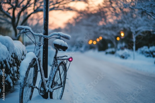 Set in the dusk of twilight, a bicycle stands covered in snow on a scenic street. The warm glow of distant streetlights contrasts with the cold, snowy landscape. photo