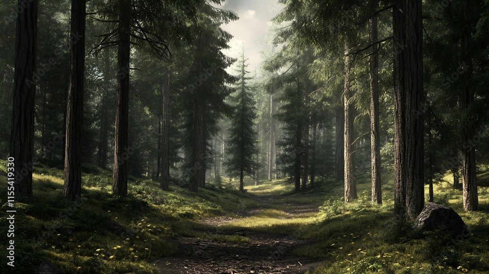 Fototapeta premium Idyllic Forest Trail Lined by Towering Trees and Gentle Sunlight : Generative AI