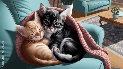 A detailed illustration of a ginger kitten sleeping under a knitted blanket on a cozy couch with a patterned wall