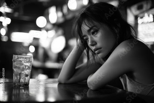 In a dimly lit setting, a woman is pictured in black and white, resting her chin on her hand while gazing thoughtfully towards the side with a glass in foreground. photo