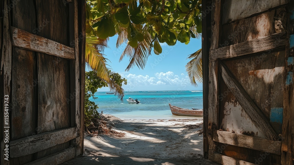 Fototapeta premium A picturesque view of a tropical beach with swaying palm trees and azure waters, framed by a rustic wooden door