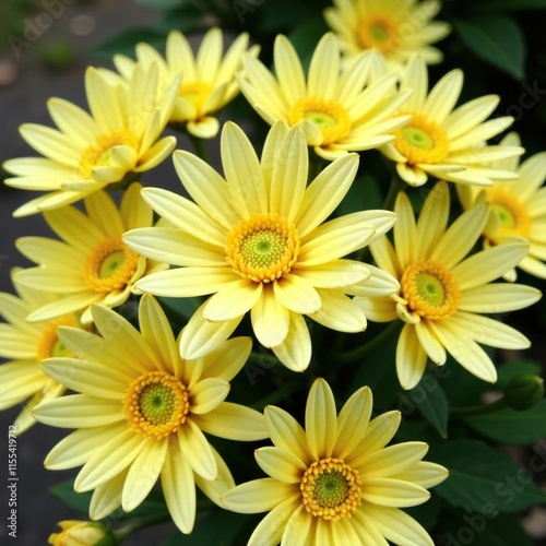 A delicate bunch of chrysanthemum flowers with soft yellow petals and dark centers, arranged in a loose bouquet shape, garden blooms, autumn flowers