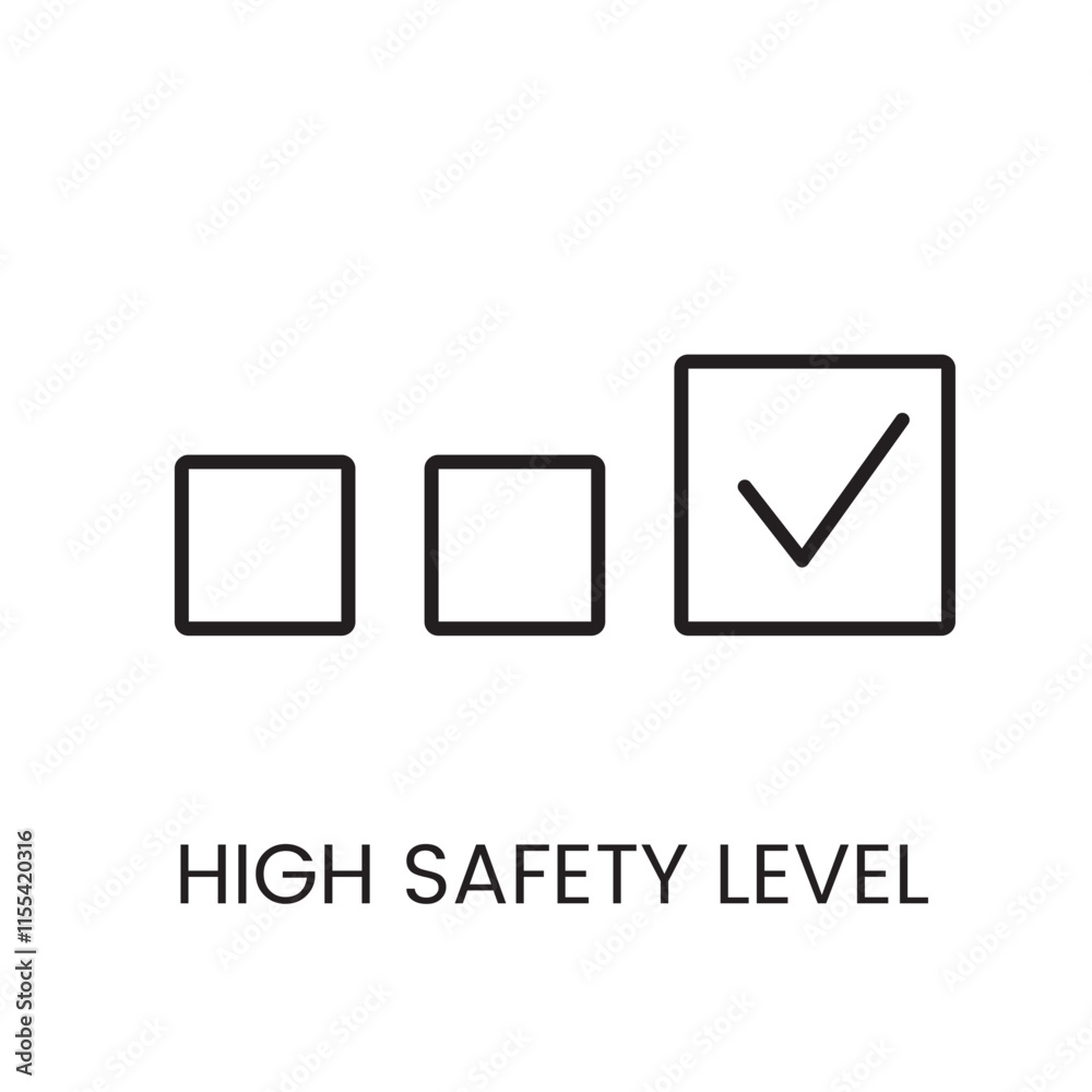 A vector linear icon of three squares increasing in size with a check mark inside the largest square, representing a high safety level with an editable stroke A vector linear icon of three squares increasing in size with a check mark inside the largest square, representing a high safety level with an editable stroke