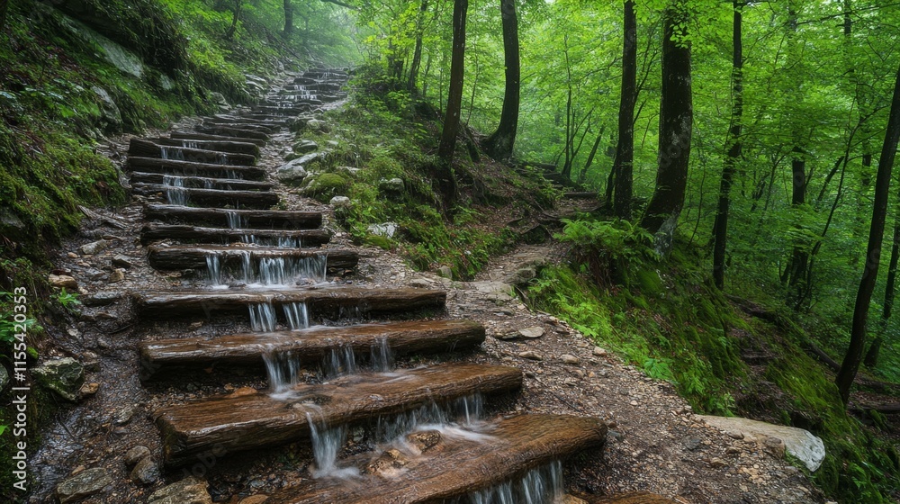 Fototapeta premium Water cascading down wooden stairs in a lush forest