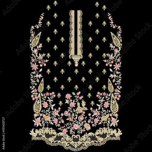 A over asian embroidery neckline and border lace design with floral motifs leafs leaves trendy mughal ornaments. photo