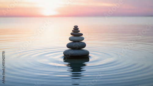 Stacked Pebbles in Calm Water During a Serene Sunset