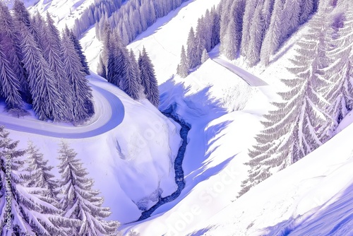 Snowy valley with forest river in cold blue tones and geometric perspective