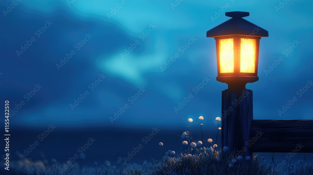 A rustic lantern glowing warmly on a wooden post, casting soft light in a tranquil blue-toned night. A rustic lantern glowing warmly on a wooden post, casting soft light in a tranquil blue-toned night.