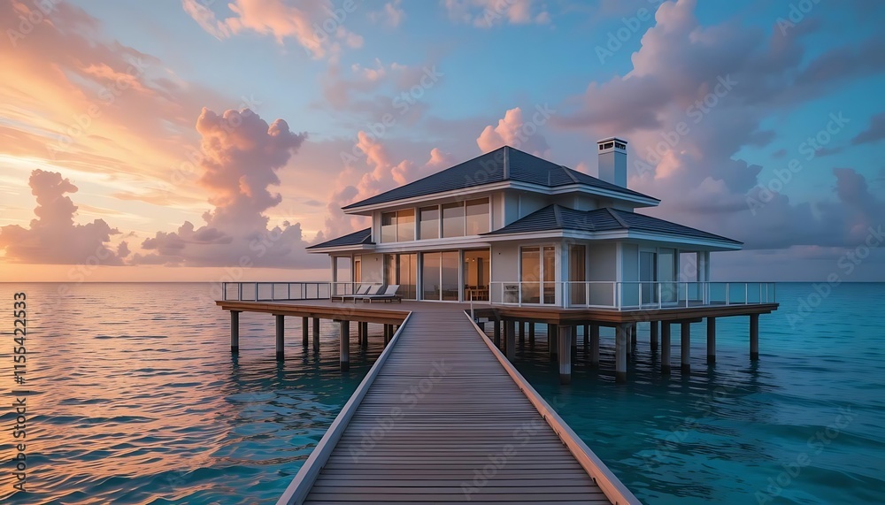 Fototapeta premium A Luxurious Overwater Villa at Sunset
