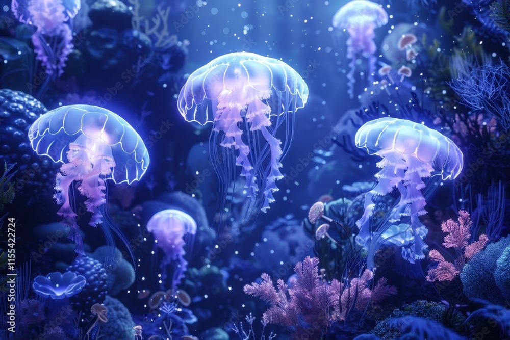 Colorful jellyfish floating gracefully in a vibrant underwater coral reef during a serene twilight hour Colorful jellyfish floating gracefully in a vibrant underwater coral reef during a serene twilight hour