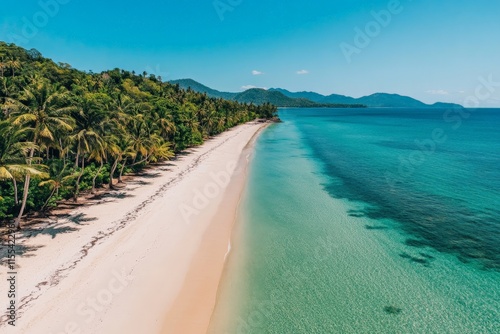 A serene and picturesque tropical beach with pristine white sand, gently swaying palm trees, and a clear azure ocean that stretches far into the horizonscape.