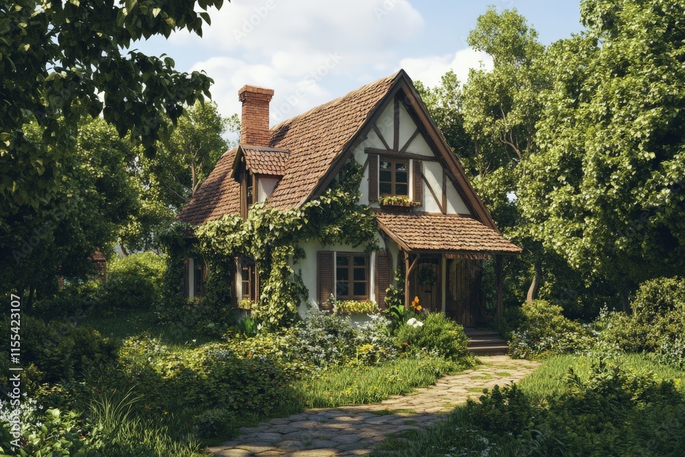 Fototapeta premium A rustic cottage set amid a verdant garden of dense greenery and blooming flowers, evoking notions of nature, seclusion, and traditional, simple living essence.