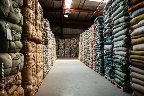 A covered warehouse with numerous aisles, each filled with tightly stacked bundles of fabric, representing a vibrant variety of textiles in a business setting. photo