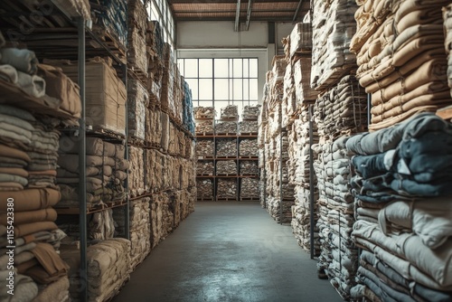 A spacious warehouse filled with stacks of fabric rolls in various colors and textures, illuminated by natural light from large windows, showcasing material abundance. photo