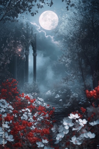 A misty path leads to an old Gothic church in the woods at night surrounded by red flowers foggy trees, and the glowing eyes of a demon behind bushes.