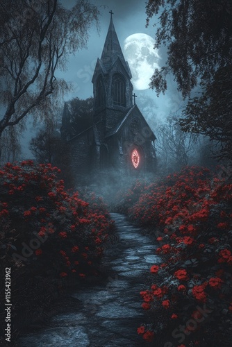 A misty path leads to an old Gothic church in the woods at night surrounded by red flowers foggy trees, and the glowing eyes of a demon behind bushes.