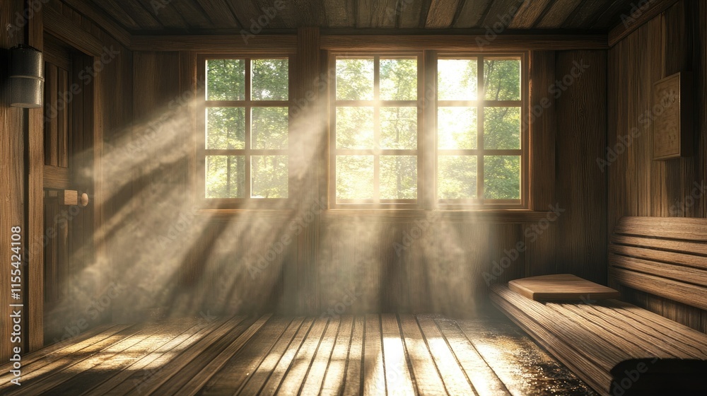 Obraz premium A serene sauna interior with soft beams of light streaming in, highlighting the warm wooden tones and peaceful ambiance
